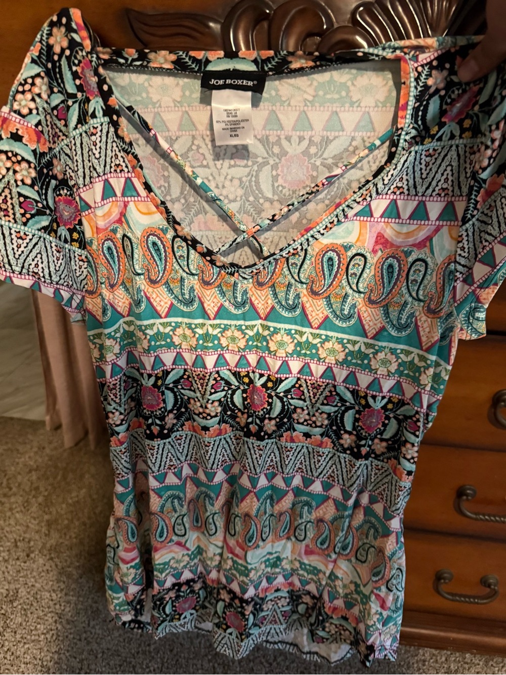 Joe Boxer Teal Coral Black Paisley & Geometric V-Neck Short Sleeve Top